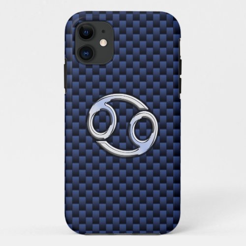 Cancer Zodiac Sign on Navy Blue Carbon Fiber Print iPhone 11 Case
