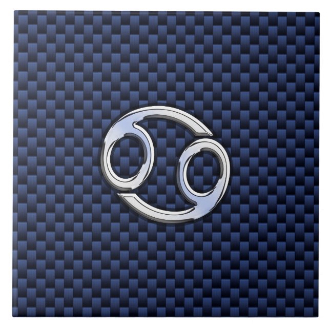 Cancer Zodiac Sign on Navy Blue Carbon Fiber Print Ceramic Tile (Front)