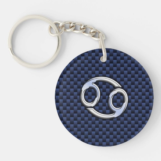 Cancer Zodiac Sign on Navy Blue Carbon Fiber Print Keychain (Front)