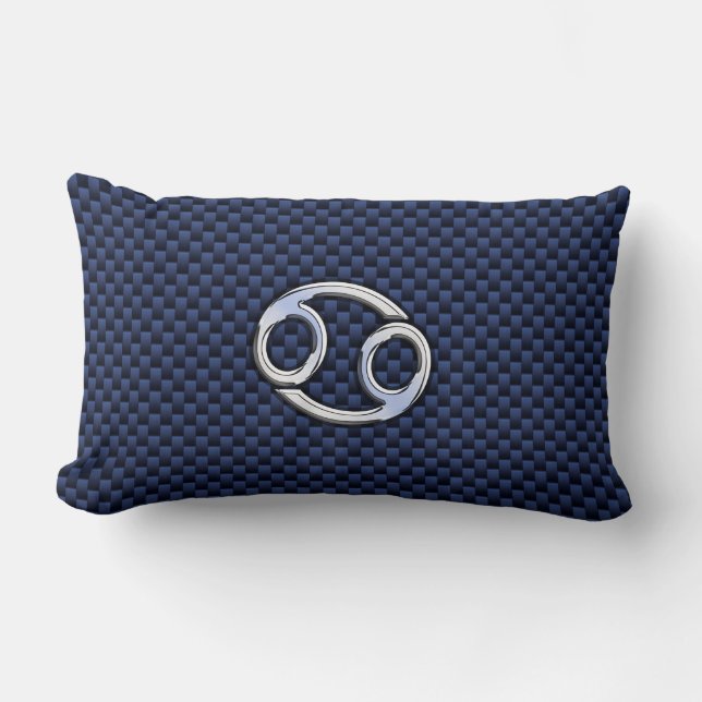 Cancer Zodiac Sign on Navy Blue Carbon Fiber Print Lumbar Pillow (Front)
