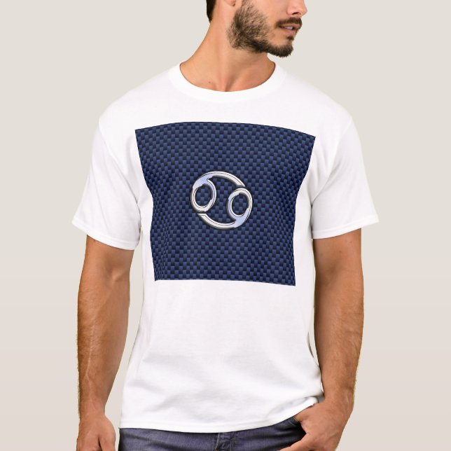 Cancer Zodiac Sign on Navy Blue Carbon Fiber Print T-Shirt (Front)