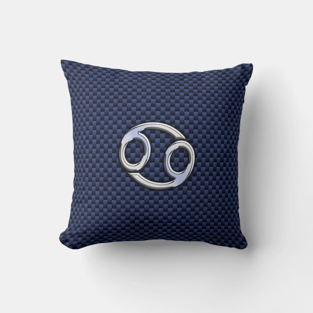 Cancer Zodiac Sign on Navy Blue Carbon Fiber Print Throw Pillow (Front)