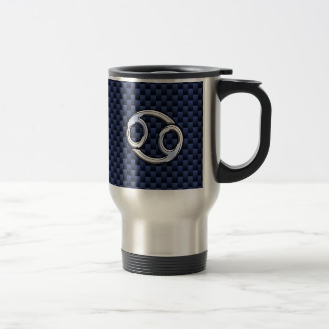 Cancer Zodiac Sign on Navy Blue Carbon Fiber Print Travel Mug (Right)