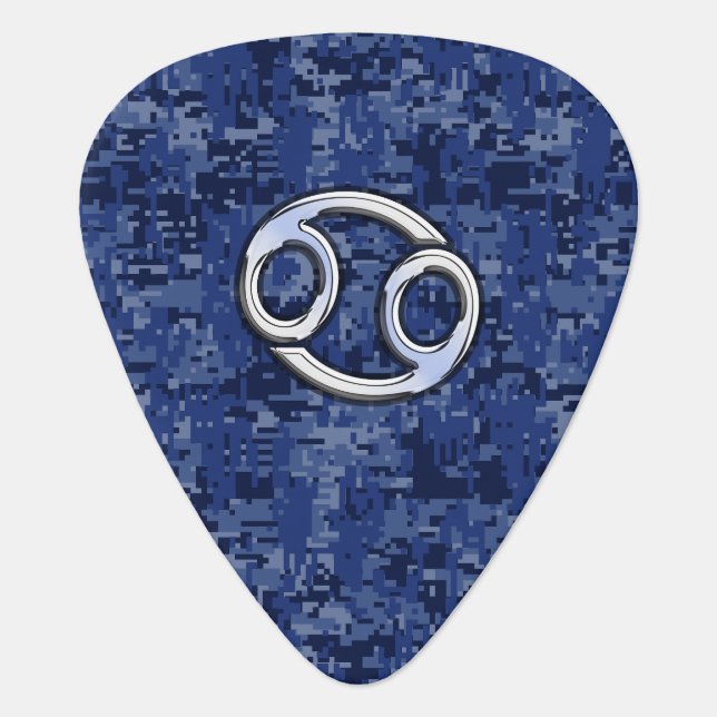 Cancer Zodiac Sign on Navy Blue Digital Camo Guitar Pick (Front)