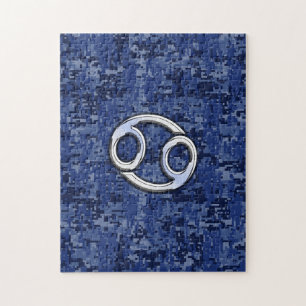 Cancer Zodiac Sign on Navy Blue Digital Camo Jigsaw Puzzle