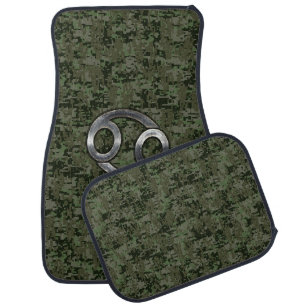 Cancer Zodiac Sign on Olive Green Digital Camo Car Mat