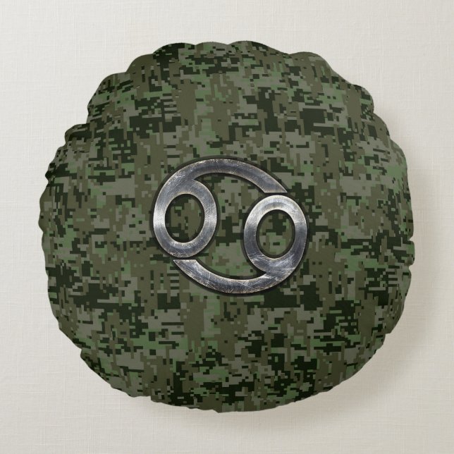 Cancer Zodiac Sign on Olive Green Digital Camo Round Pillow (Front)