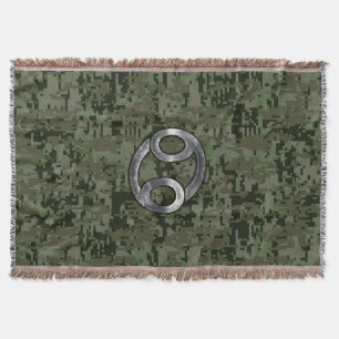 Cancer Zodiac Sign on Olive Green Digital Camo Throw Blanket
