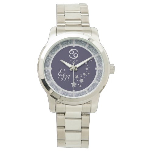 Cancer Zodiac Silver Glitter Dark Blue Monogrammed Watch