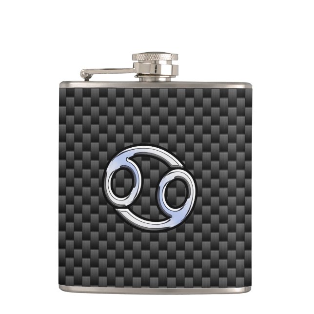 Cancer Zodiac Symbol Black Carbon Fiber Print Hip Flask (Front)
