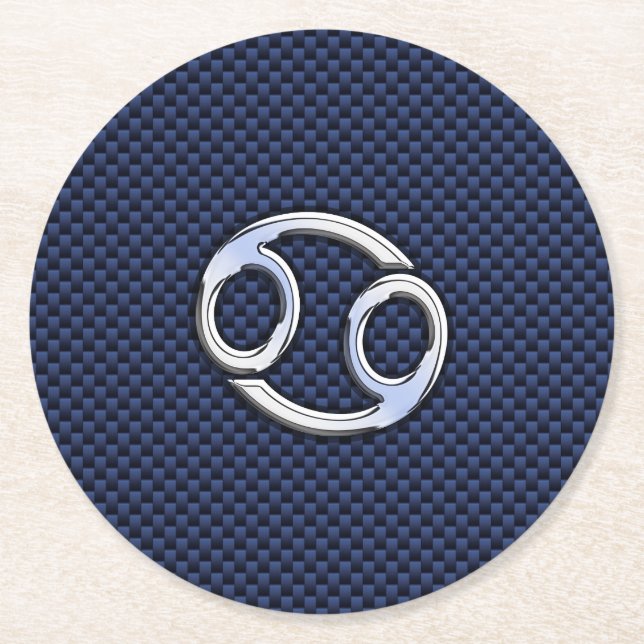 Cancer Zodiac Symbol Navy Blue Carbon Fiber Print Round Paper Coaster (Front)