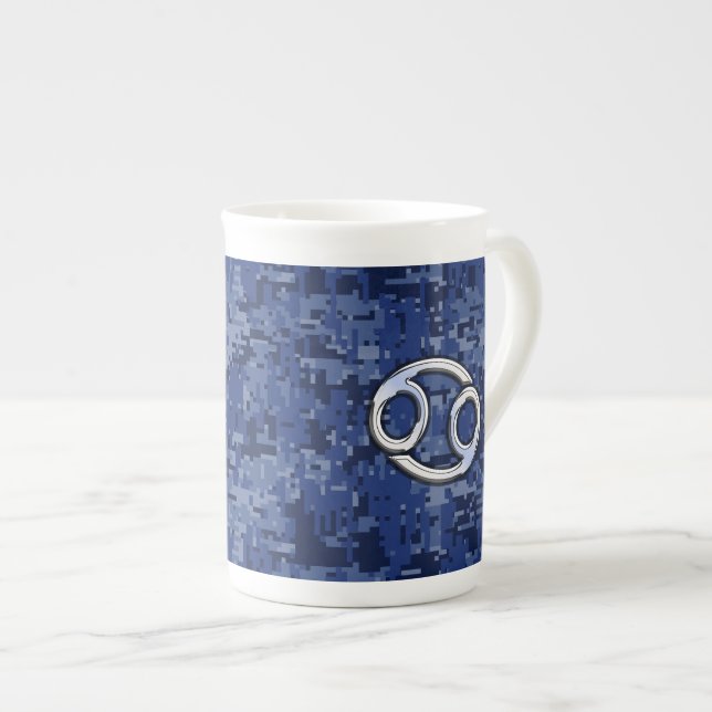 Cancer Zodiac Symbol Navy Blue Digital Camouflage Bone China Mug (Front Right)