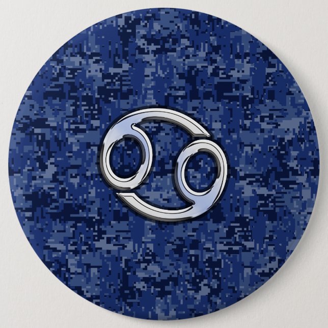 Cancer Zodiac Symbol Navy Blue Digital Camouflage Button (Front)