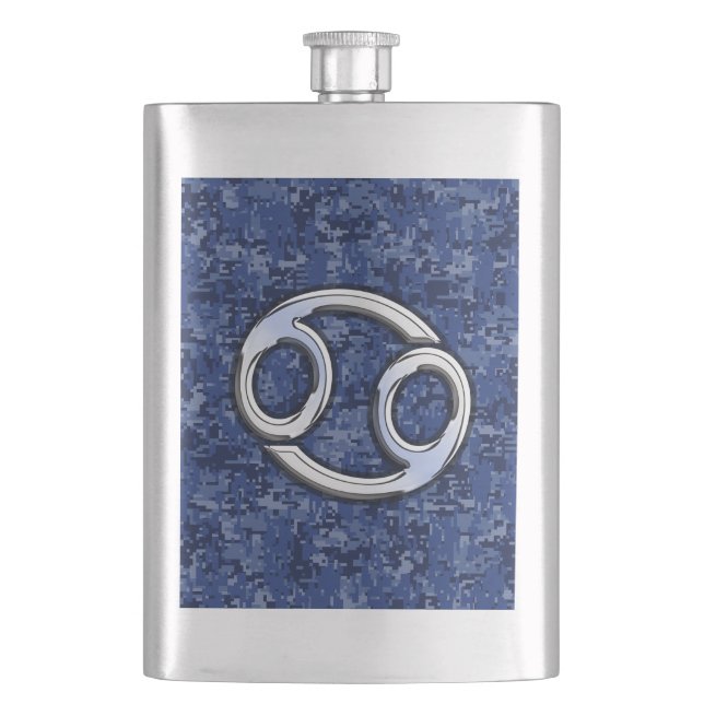 Cancer Zodiac Symbol Navy Blue Digital Camouflage Hip Flask (Front)