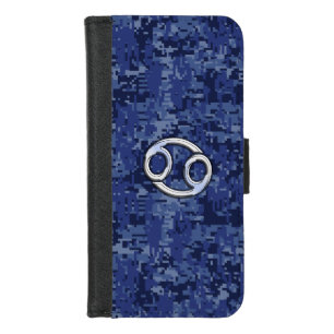 Cancer Zodiac Symbol Navy Blue Digital Camouflage iPhone 8/7 Wallet Case