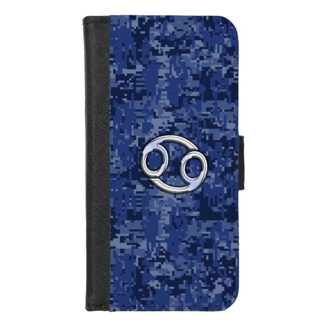 Cancer Zodiac Symbol Navy Blue Digital Camouflage iPhone Wallet Case (Front)