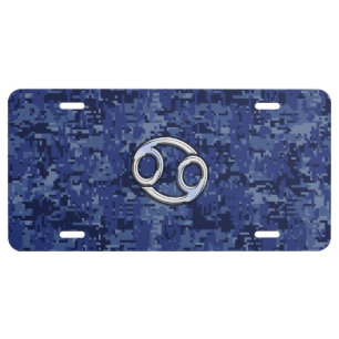 Cancer Zodiac Symbol Navy Blue Digital Camouflage License Plate