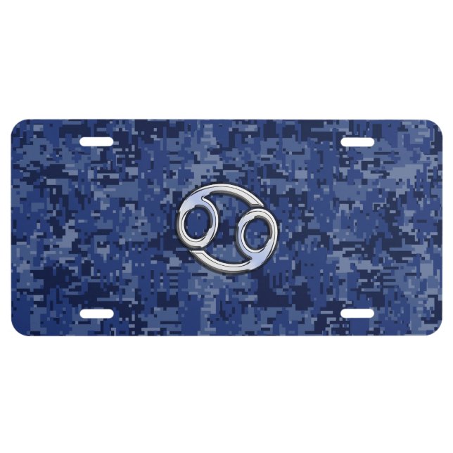 Cancer Zodiac Symbol Navy Blue Digital Camouflage License Plate (Front)