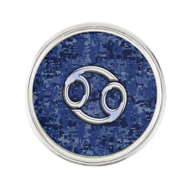 Cancer Zodiac Symbol Navy Blue Digital Camouflage Pin (Front)