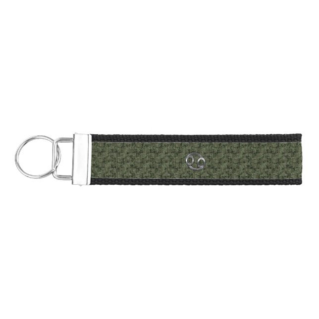 Cancer Zodiac Symbol on Green Digital Camo Wrist Keychain (Keys on Left)