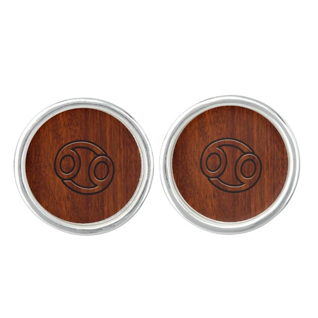 Cancer Zodiac Symbol on Mahogany Style Cufflinks (Front)