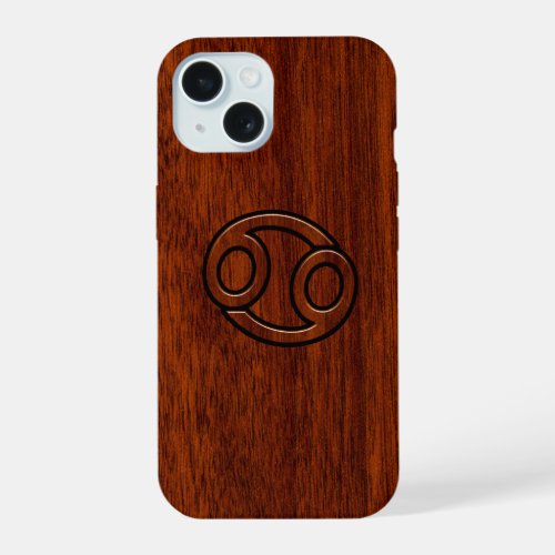 Cancer Zodiac Symbol on Mahogany Style Decor iPhone 15 Case