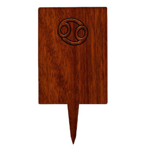 Cancer Zodiac Symbol on Mahogany Wood Style Cake Topper