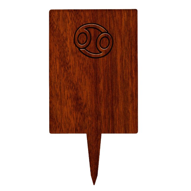 Cancer Zodiac Symbol on Mahogany Wood Style Cake Topper (Front)