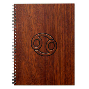 Cancer Zodiac Symbol on Mahogany Wood Style Notebook