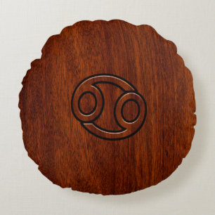 Cancer Zodiac Symbol on Mahogany Wood Style Round Pillow