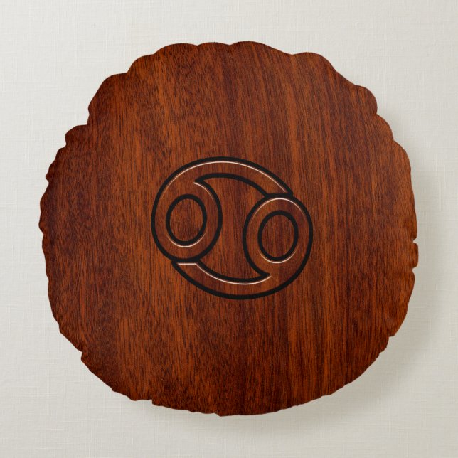 Cancer Zodiac Symbol on Mahogany Wood Style Round Pillow (Front)
