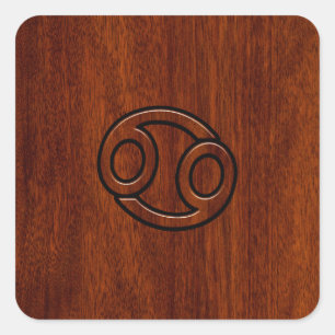 Cancer Zodiac Symbol on Mahogany Wood Style Square Sticker