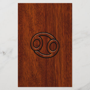Cancer Zodiac Symbol on Mahogany Wood Style Stationery