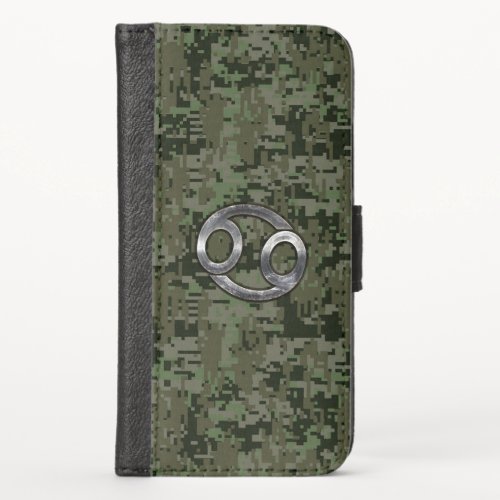 Cancer Zodiac Symbol on Woodland Digital Camo iPhone X Wallet Case