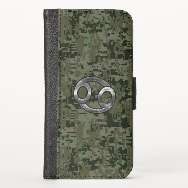 Cancer Zodiac Symbol on Woodland Digital Camo iPhone Wallet Case (Front)
