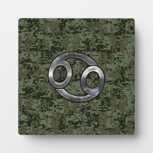 Cancer Zodiac Symbol on Woodland Digital Camo Plaque