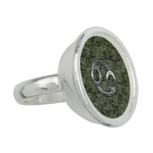 Cancer Zodiac Symbol on Woodland Digital Camo Ring