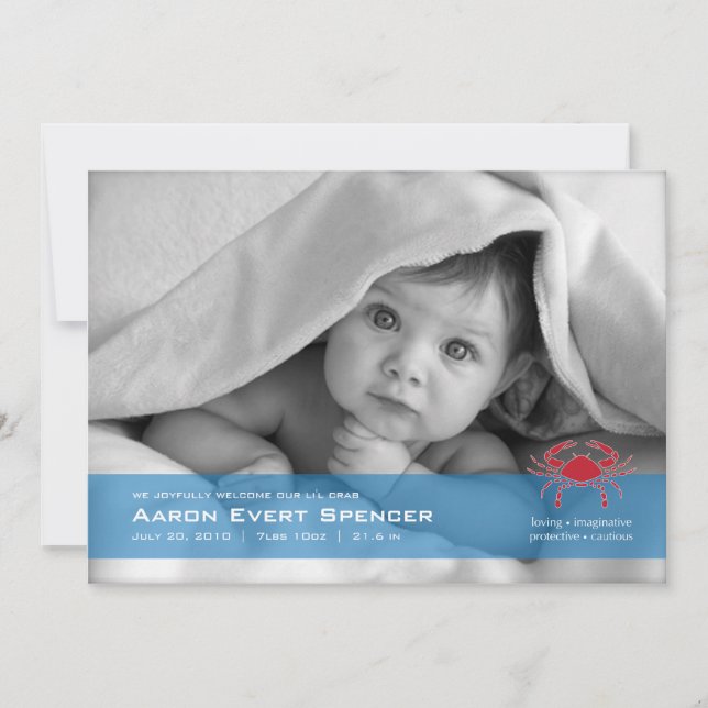 Cancerian the Crab Photo Birth Announcement Card (Front)