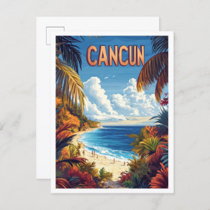 Cancun Beach Mexico Vintage Illustration Travel Postcard