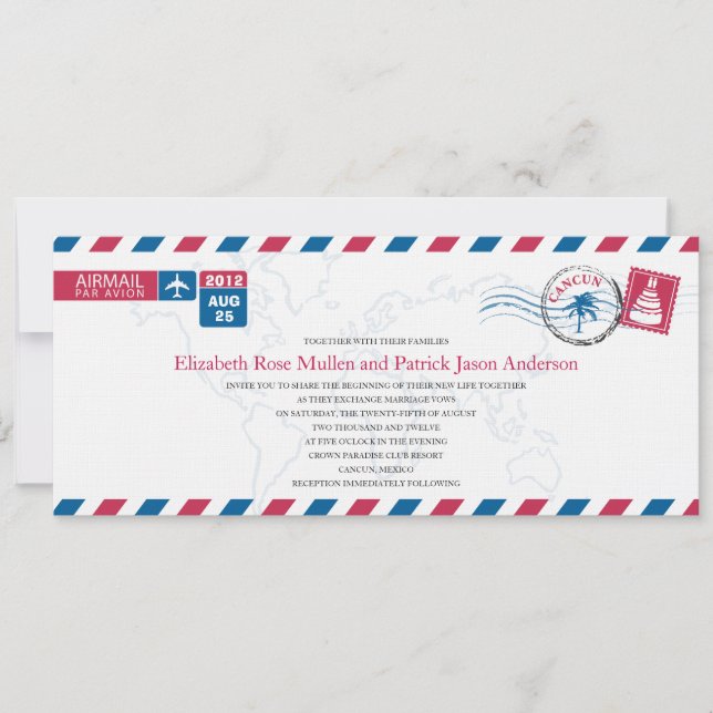 Cancun Mexico Airmail Wedding Invitation (Front)