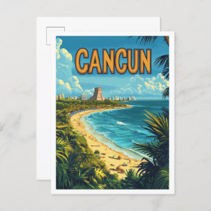 Cancun Mexico Art Vintage Illustration Travel Postcard