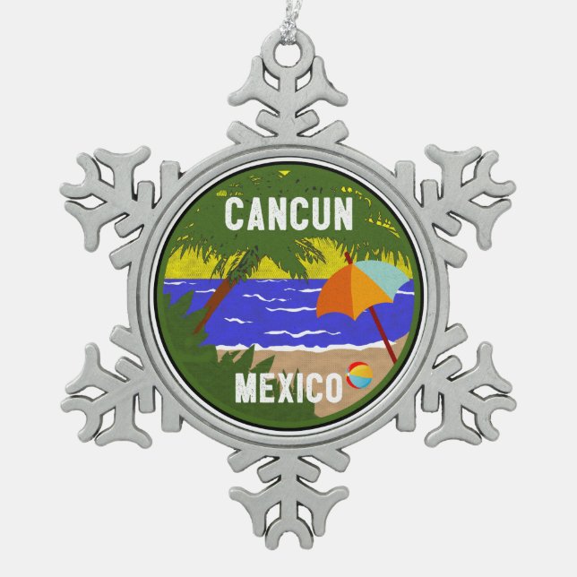 CANCUN MEXICO BEACH OCEAN VINTAGE VACATION CARIBBE SNOWFLAKE PEWTER CHRISTMAS ORNAMENT (Front)
