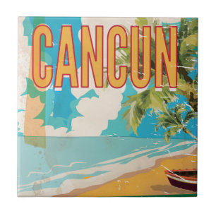Cancun Mexico Beach Vintage travel poster print Ceramic Tile