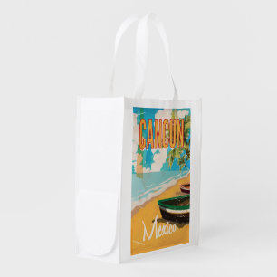 Cancun Mexico Beach Vintage travel poster print Reusable Grocery Bag