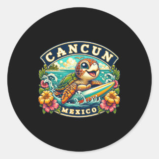 Cancun Mexico Cute Sea Turtle Surfing Classic Round Sticker