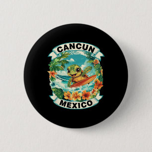 Cancun Mexico Cute Sea Turtle Surfing Summer Vacat Button