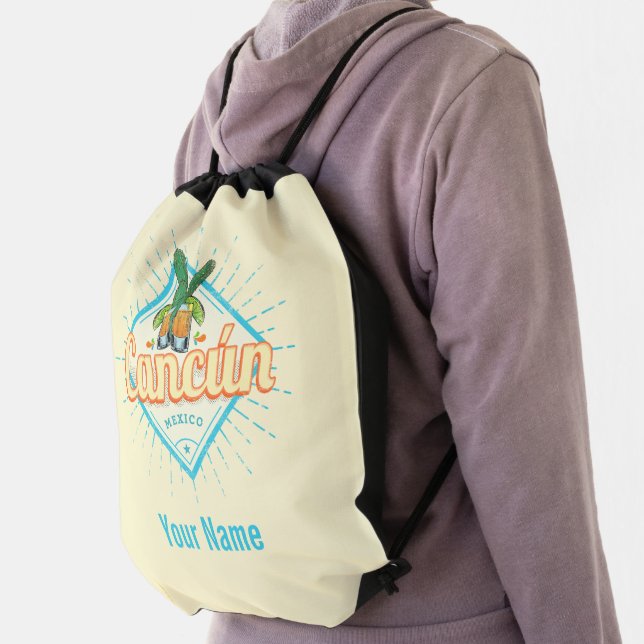 Cancun Mexico Dancing Cactus Vintage Tequila Drawstring Bag (Insitu)