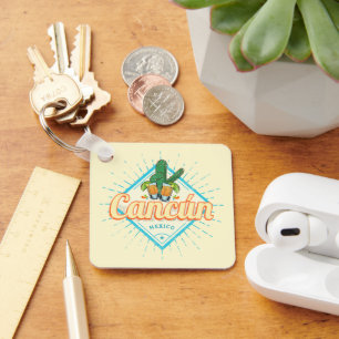 Cancun Mexico Dancing Cactus Vintage Tequila Keychain