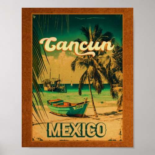 Cancun Mexico Palm Tree Vintage Travel Souvenir Poster