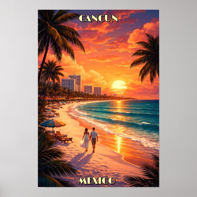 Cancun, Mexico Retro Art Deco Color Tourism Poster (Front)